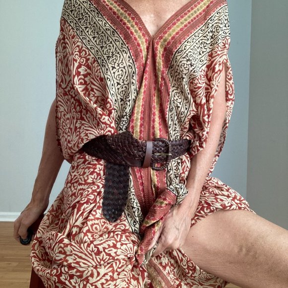 Block Print Caftan Size Free Rust, Tan & Black - Picture 3 of 15